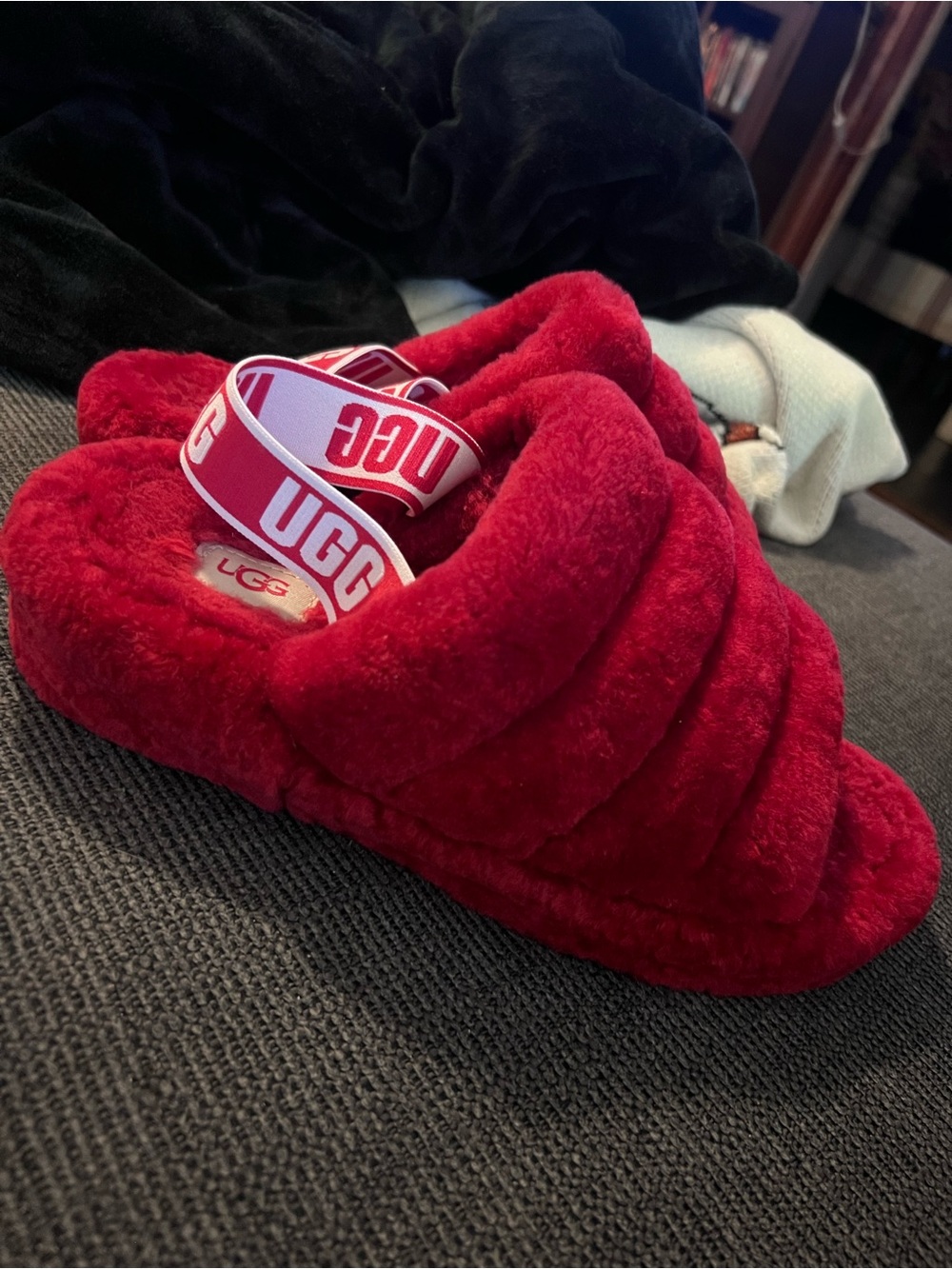 UGG Red Fluff Yeah Slide with Branded Heel Strap